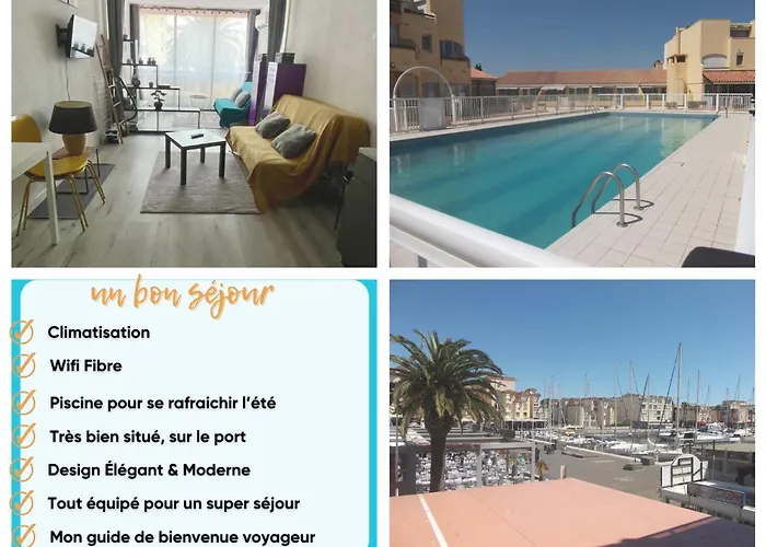 Studio sur le port, climatisation, wifi, piscine, lave-linge