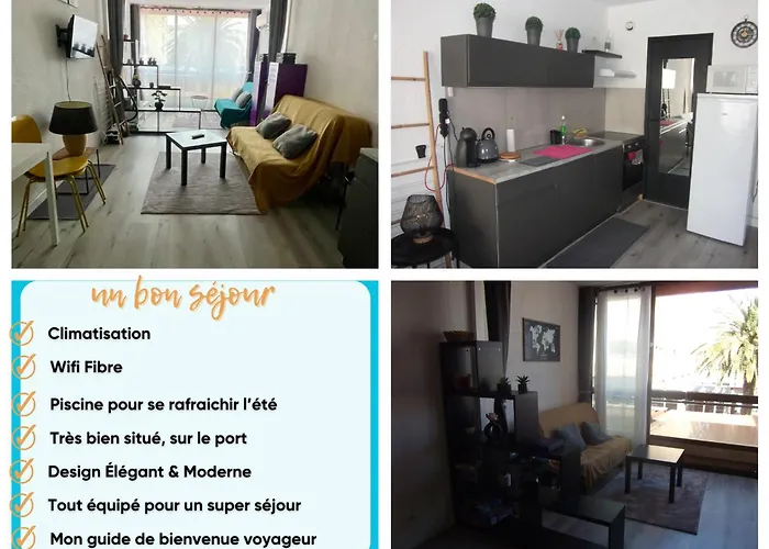 Studio sur le port, climatisation, wifi, piscine, lave-linge